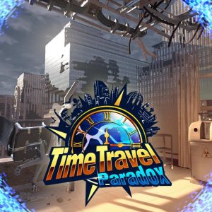 Time travel paradox logo with destroyed building in the background