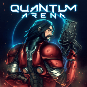 Quantum Arena logo. A man with a black beard and long black hair holds a futuristic gun in the air almost turned around with Quantum Arena at the top
